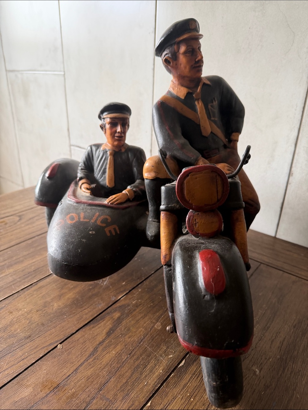 Hand-Painted Black and Red Police Motorcycle Sidecar Decorative Figurine